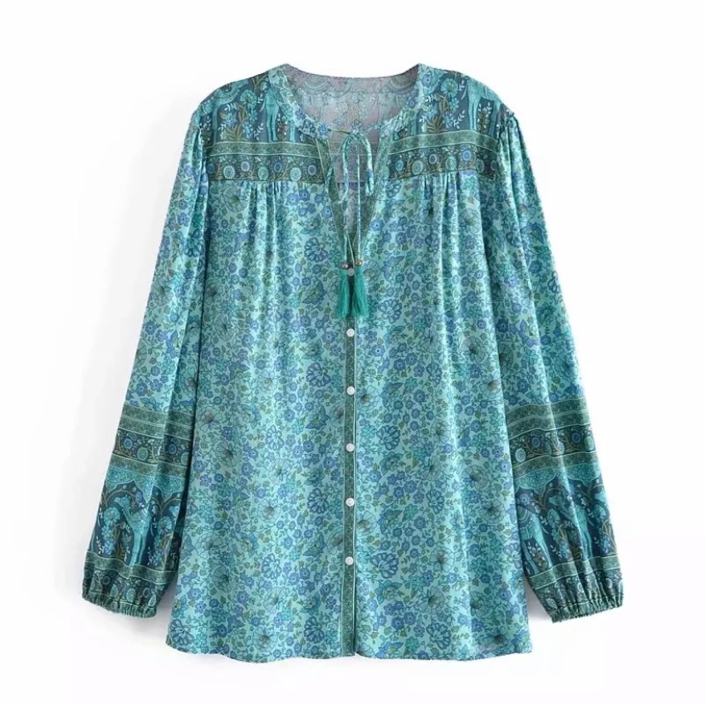 SOLD OUT Bohemian Blue Floral Button Up Blouse Top - Picture 2 of 5